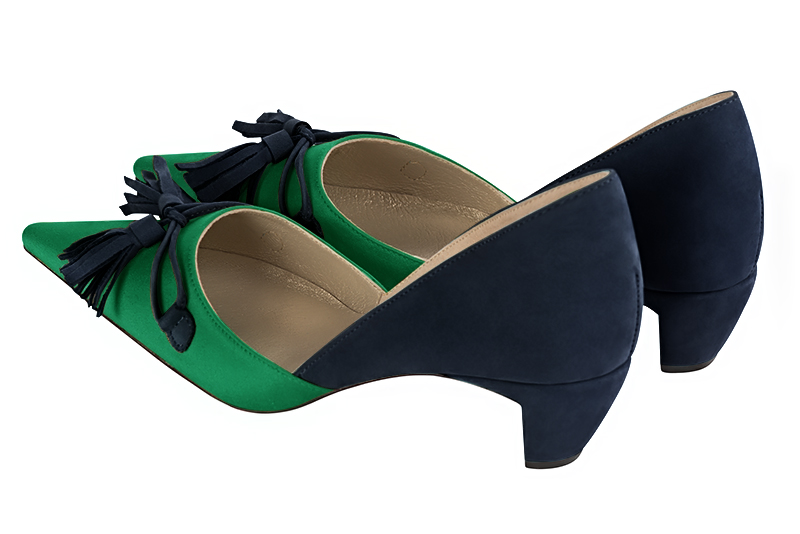 Emerald green and navy blue women's open arch dress pumps. Pointed toe. Low comma heels. Rear view - Florence KOOIJMAN